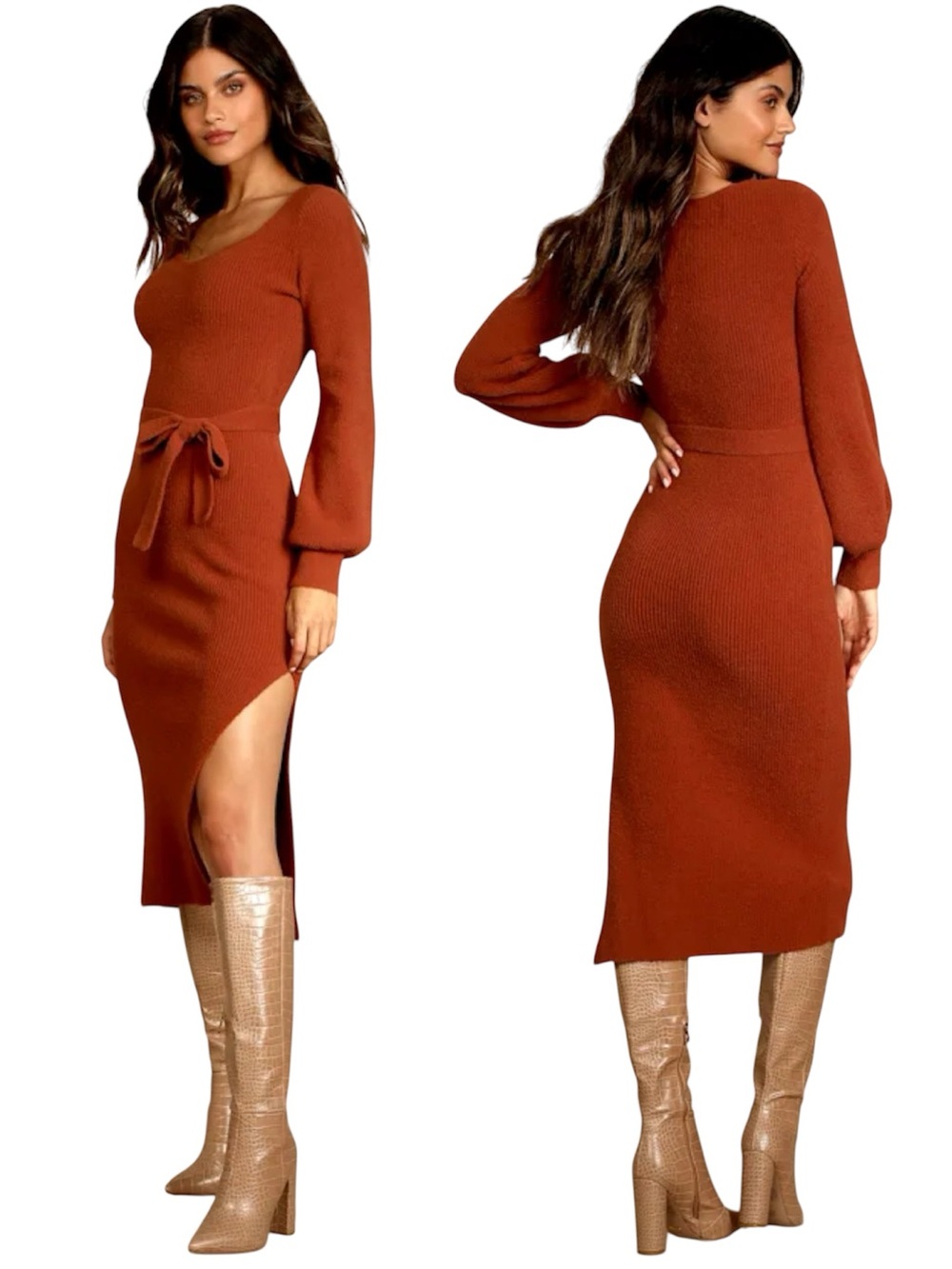 Lulus | Windy Days Belted Knit Sweater Dress Rust Orange Size Small